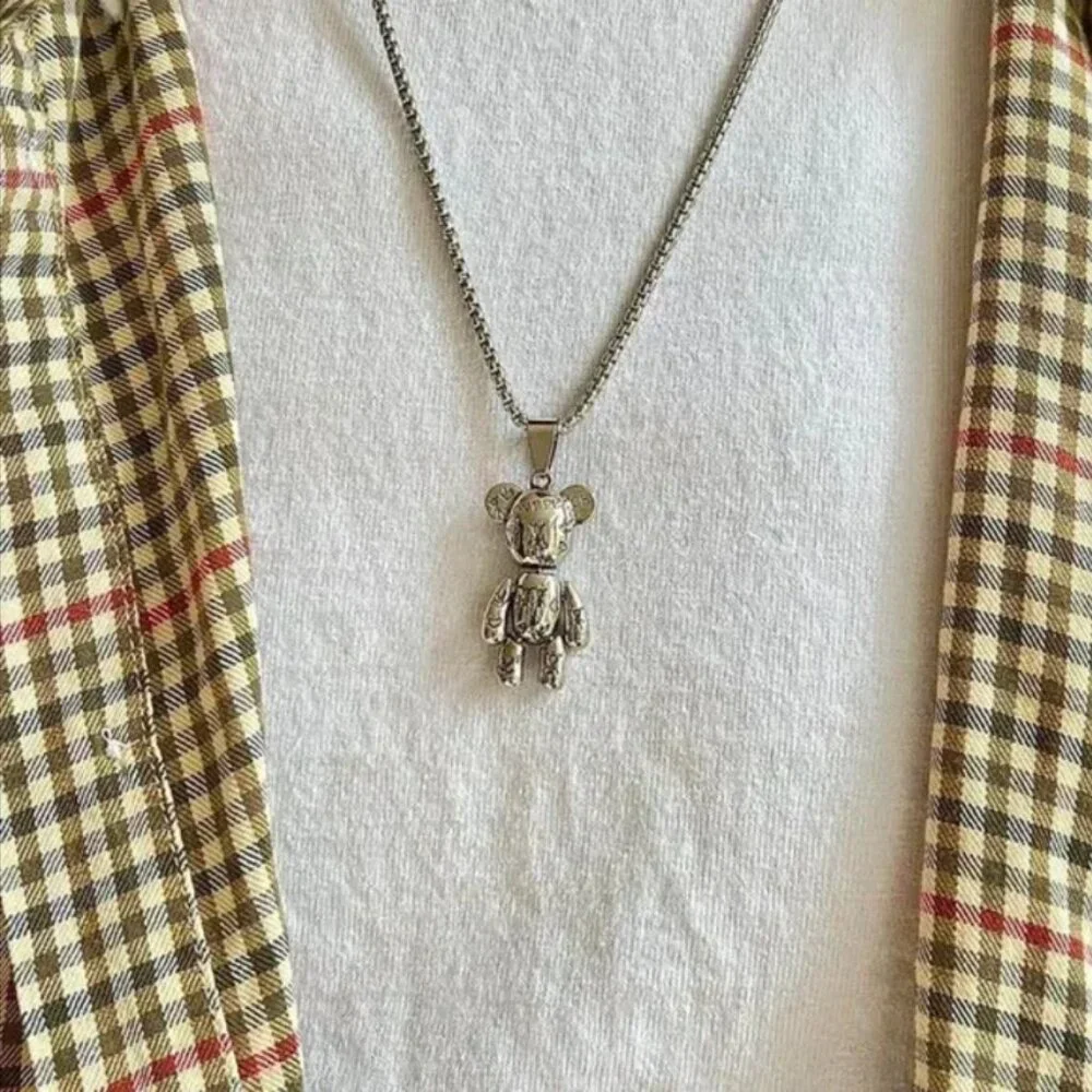 y2k grunge chrome silver bear peace pendant necklace